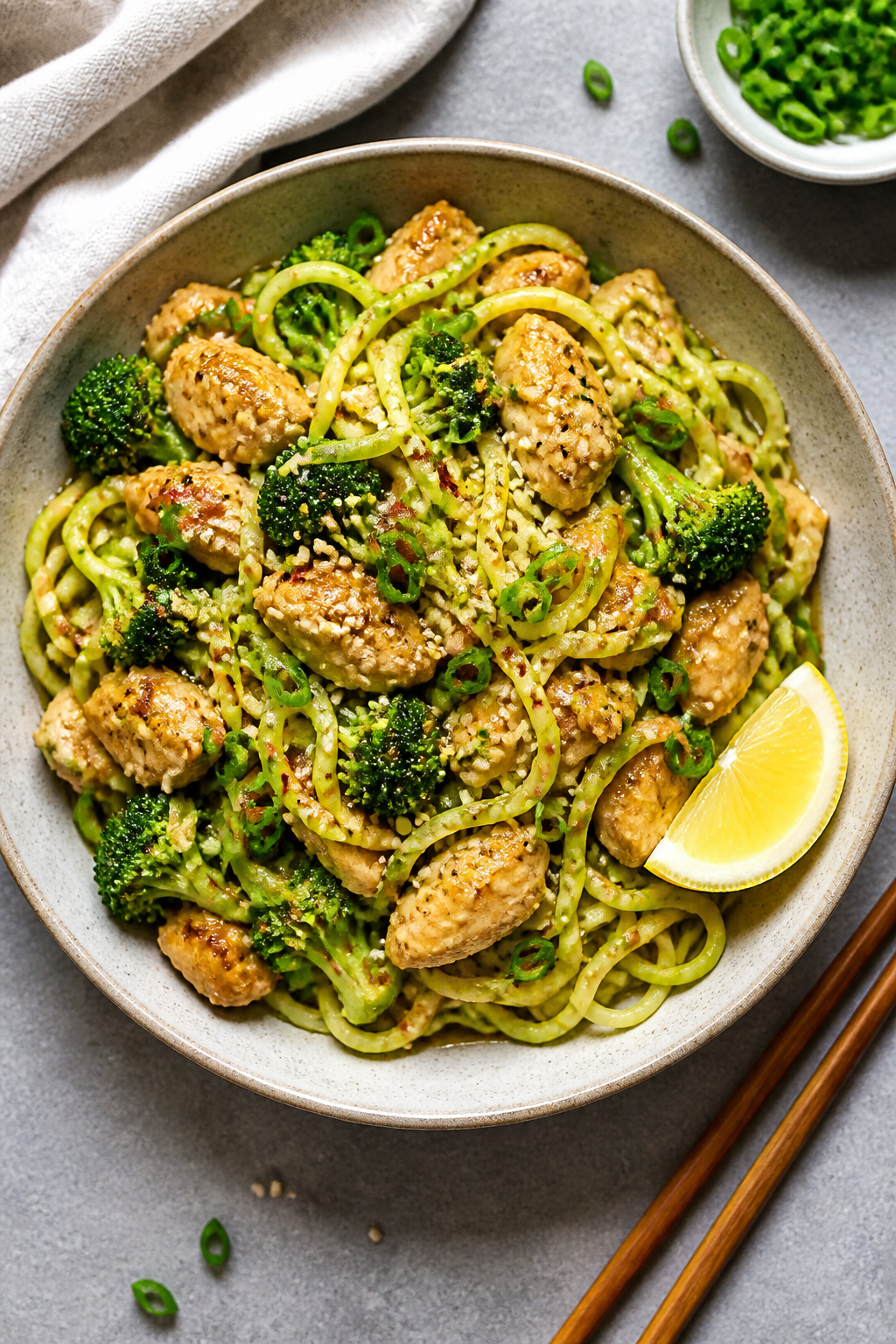 Tasty top view — Final Garlic Chicken Broccoli Zoodle Bowl: Overhead shot of a wide, shallow ceram