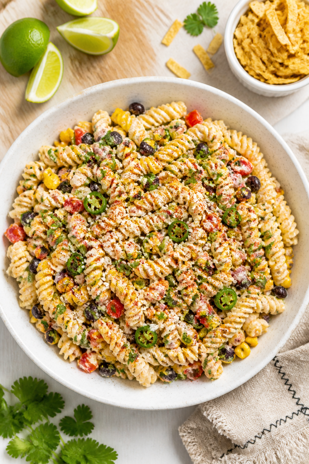 Tasty top view — Final mixed salad overhead: Overhead shot of High Protein Street Corn Taco Pasta 