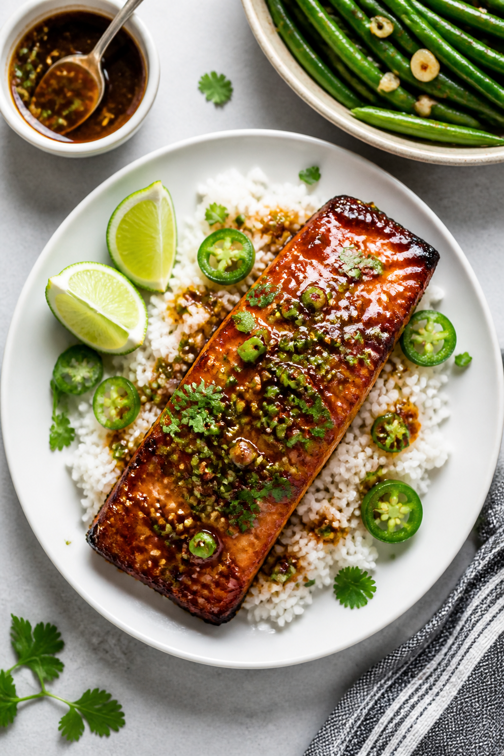 Tasty top view final plate: Overhead shot of a single plated candied jalapeño glazed salmon fillet