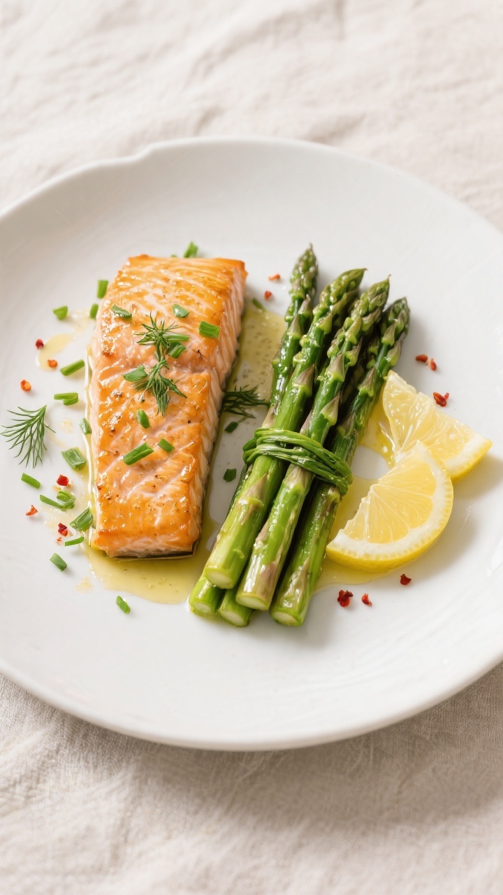 Tasty top view final plating: Overhead shot of the finished Sheet Pan Salmon & Asparagus on a matte 