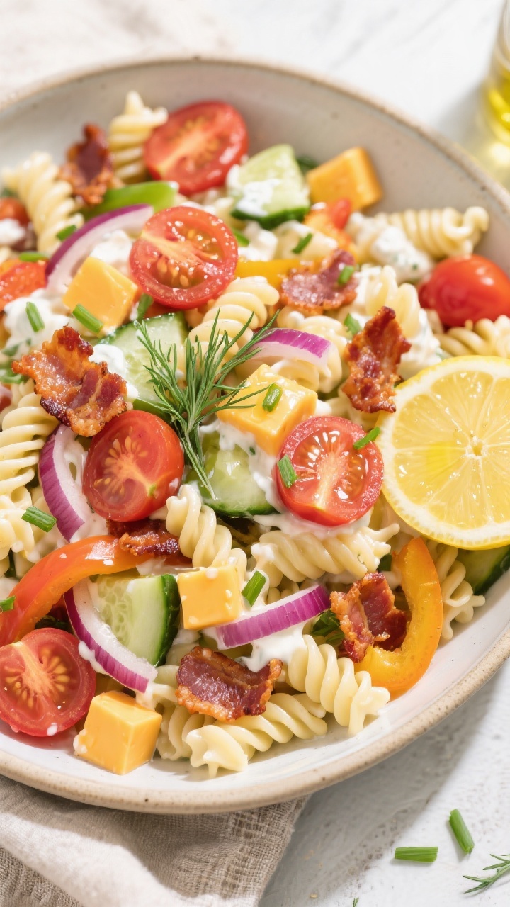 Tasty top view, final presentation: Overhead shot of Greek Yogurt Bacon Ranch Pasta Salad in a wide,