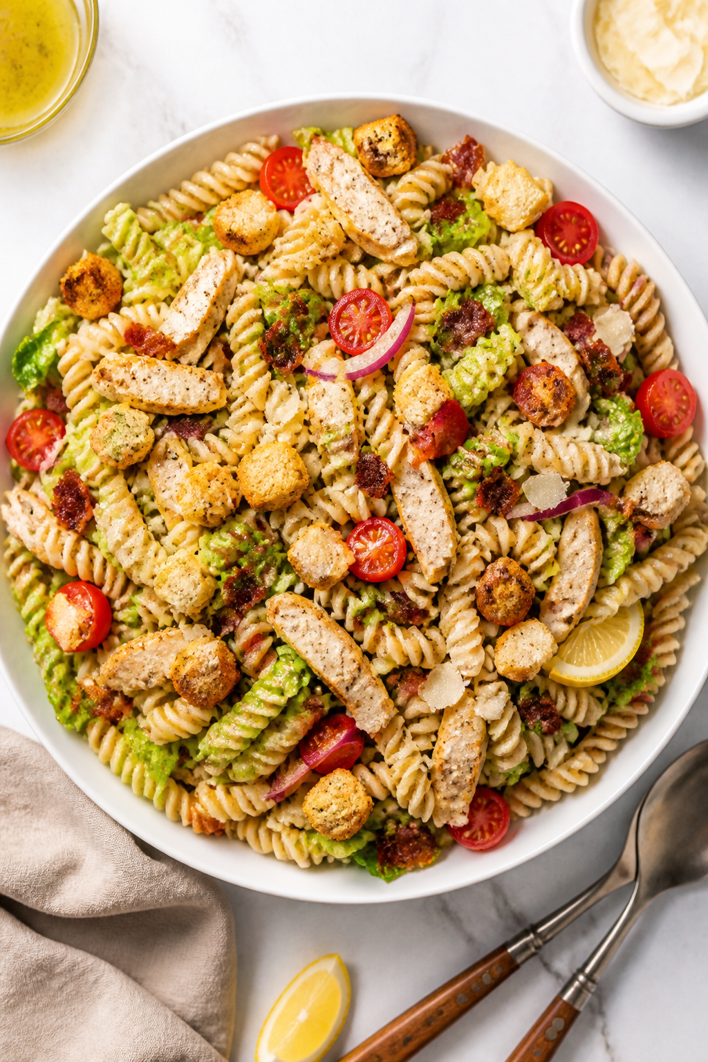 Tasty top view final presentation: Overhead shot of Chicken Caesar BLT Pasta Salad in a wide shallow