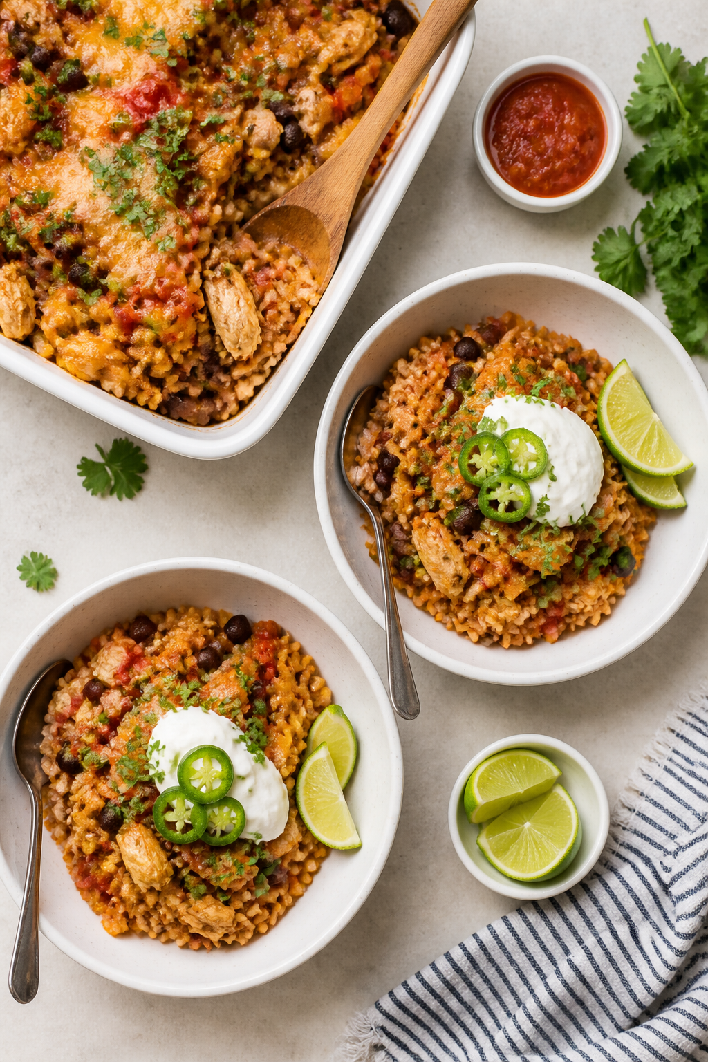 Tasty top view final presentation: Overhead shot of finished Healthy Mexican Chicken Casserole serve