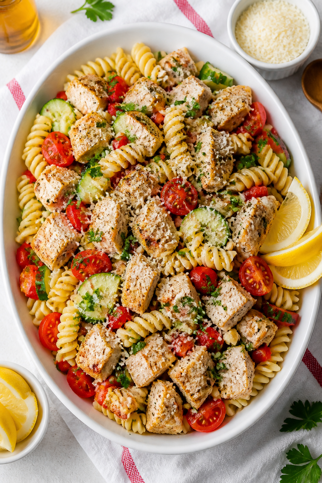 Tasty top view final presentation: Overhead shot of the finished High Protein Parmesan Chicken Pasta