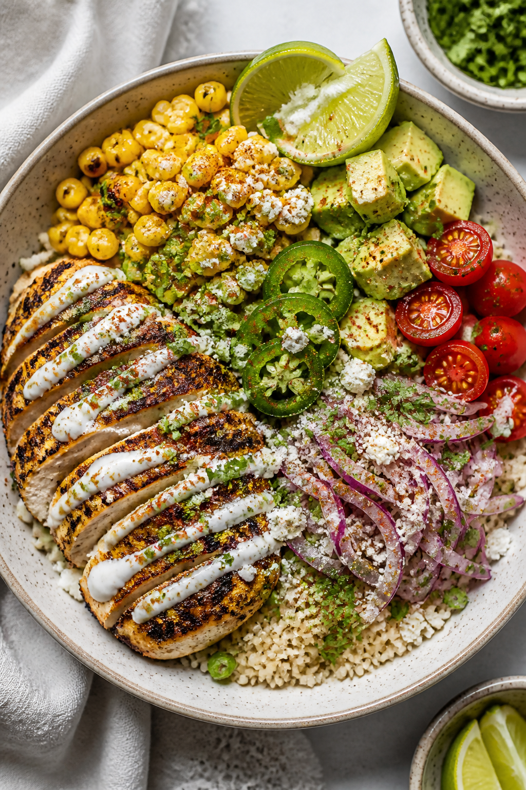 Tasty top view: Fully assembled Healthy Street Corn Chicken Bowl in a wide shallow bowl—base of fl