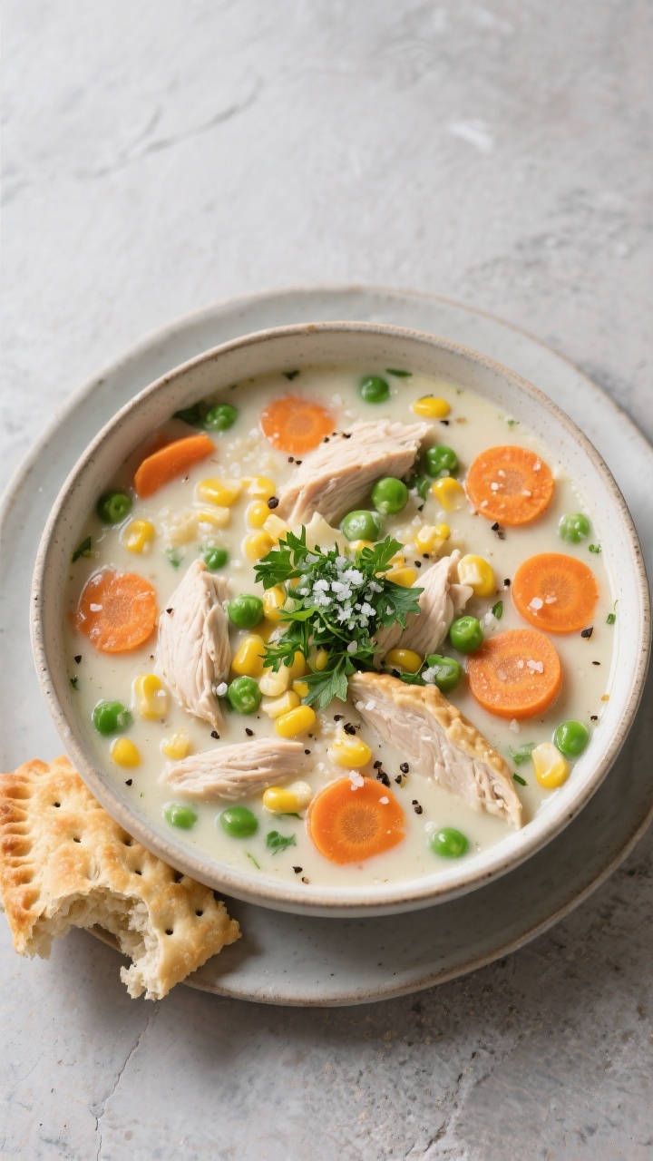 Tasty top view, hearty serving: Overhead shot of a wide, shallow bowl filled with Chicken Pot Pie So
