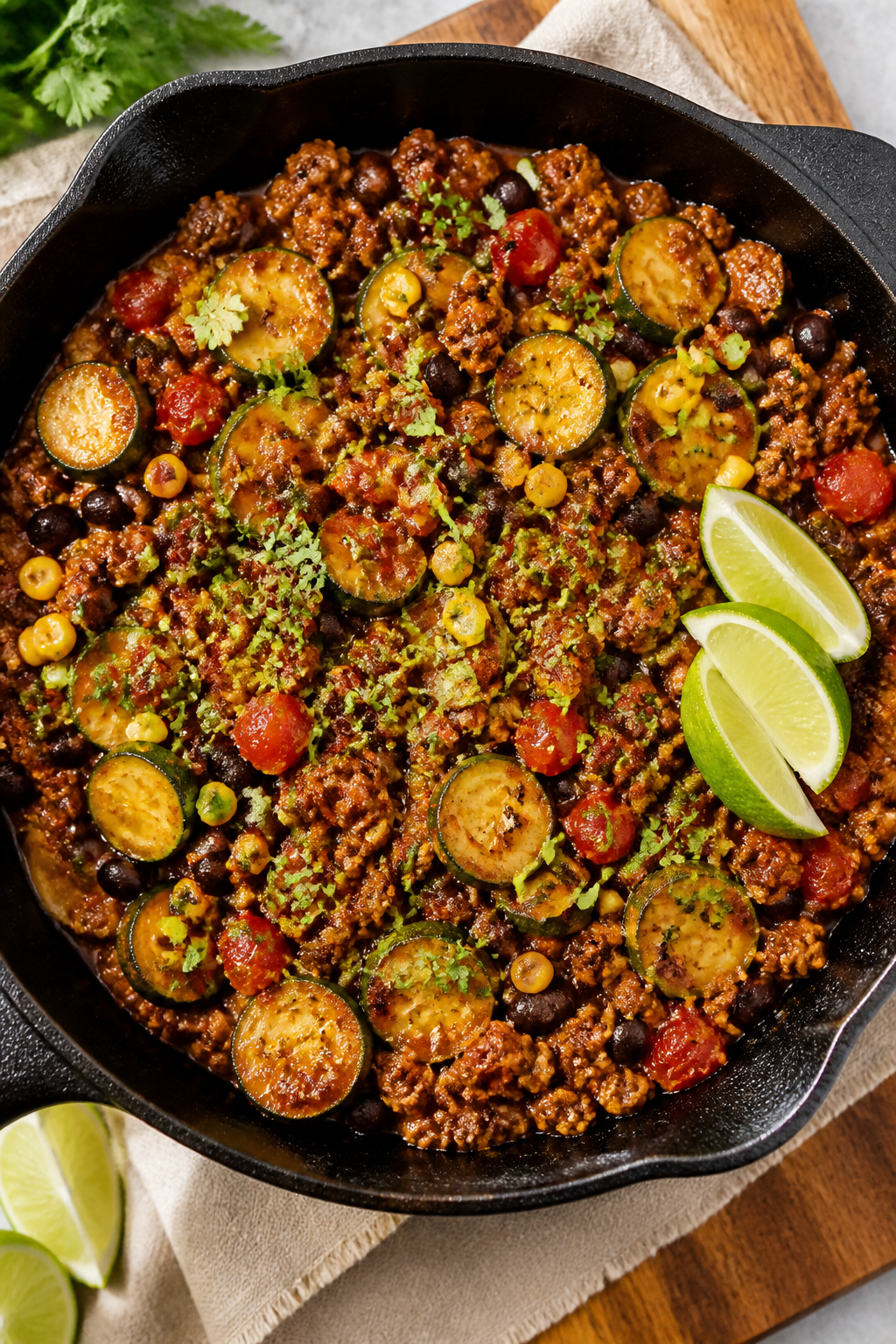 Tasty top view — hearty skillet ready to serve: Overhead shot of the finished Healthy Mexican Grou