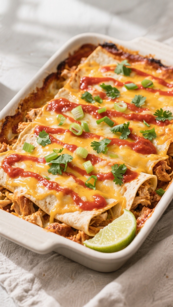 Tasty top view, in-pan: Overhead shot of the assembled cheesy chicken enchilada bake just out of the