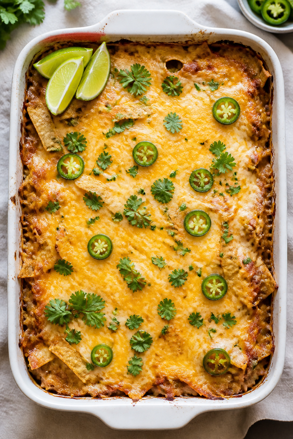 Tasty top view, just baked: Overhead shot of the casserole in a 9x13 baking dish right out of the ov
