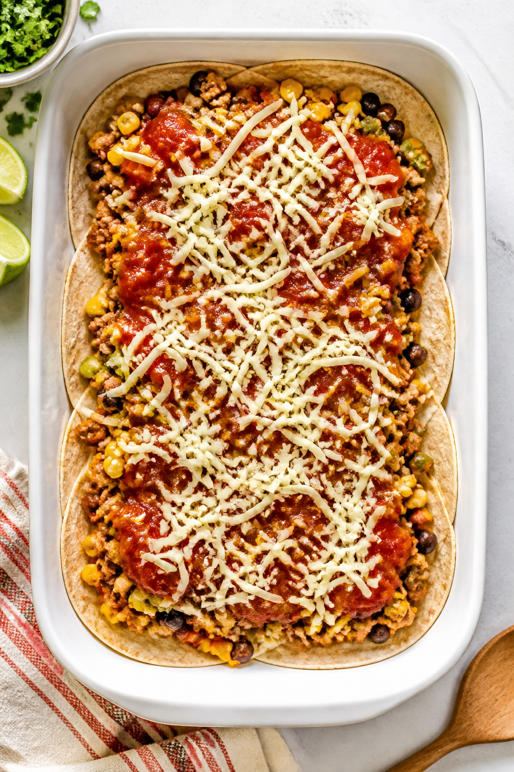 Tasty top-view layering shot: Overhead of a 9x13 baking dish mid-assembly for Healthy Mexican Lasagn