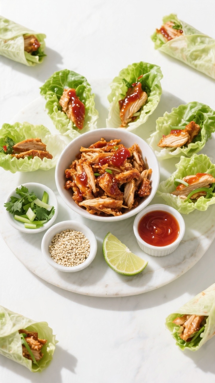 Tasty top view – Lettuce wrap spread, overhead: Overhead shot of a build-your-own Honey Sriracha C