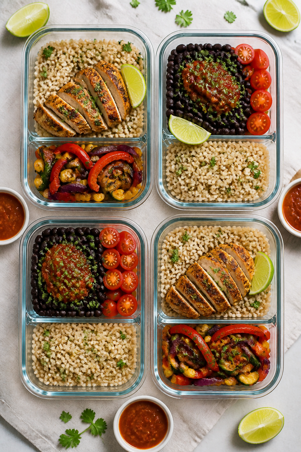 Tasty top view — meal prep assembly: Overhead shot of four glass, BPA-free, two-compartment meal p