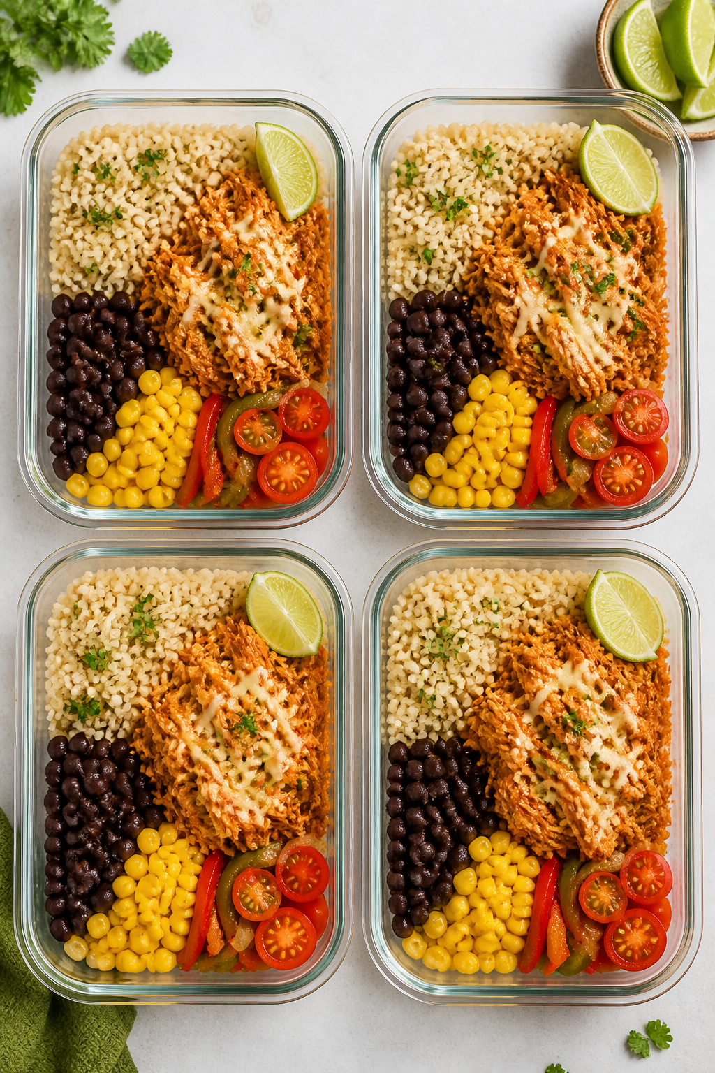 Tasty top view — Meal prep bowls assembled: Overhead shot of four neatly arranged meal prep contai