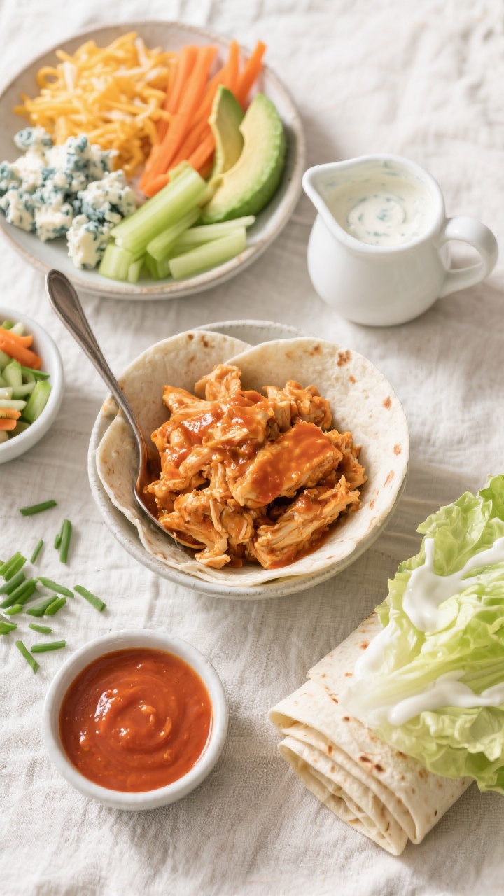 Tasty top view, meal-prep spread: Overhead shot of a build-your-own wrap scene—bowl of glossy buff