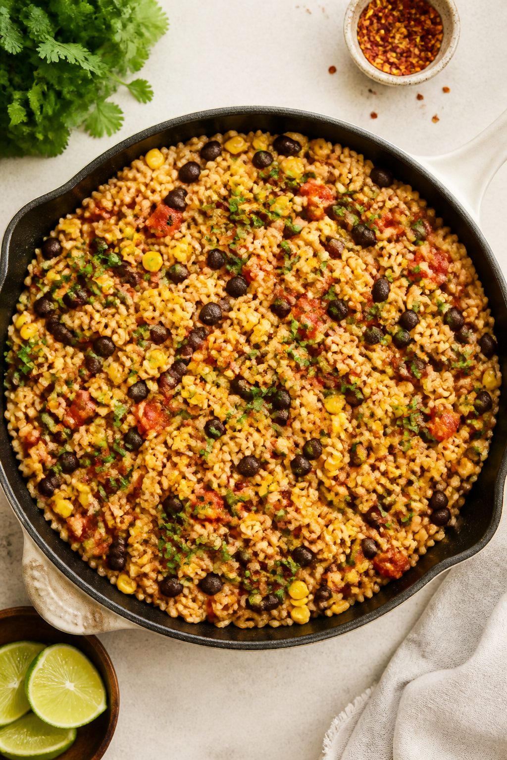 Tasty top view — One-pan finish before portioning: Overhead shot of the complete Mexican rice mixt