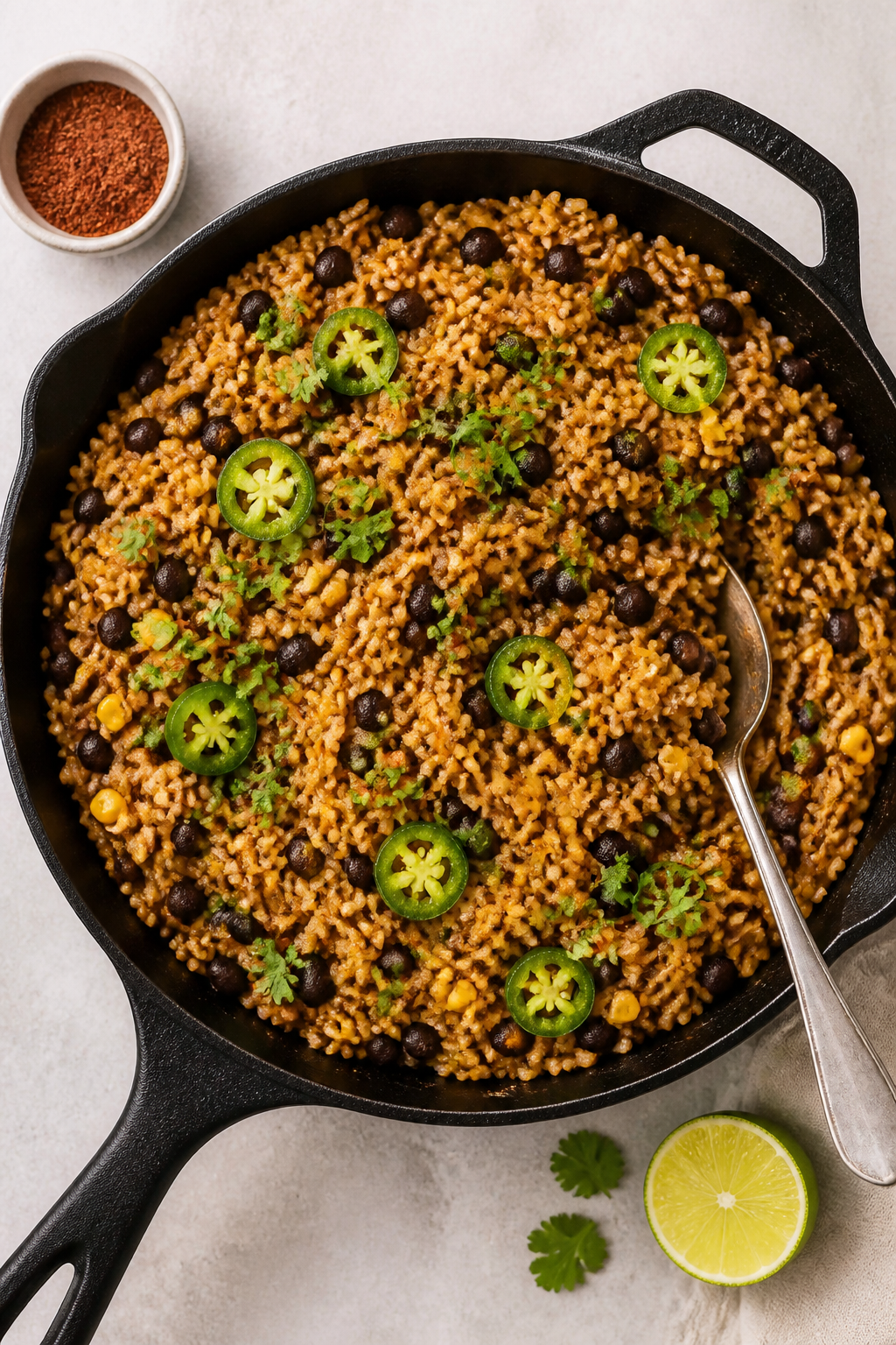 Tasty top view (overhead): An overhead shot of the skillet right after fluffing and finishing with l