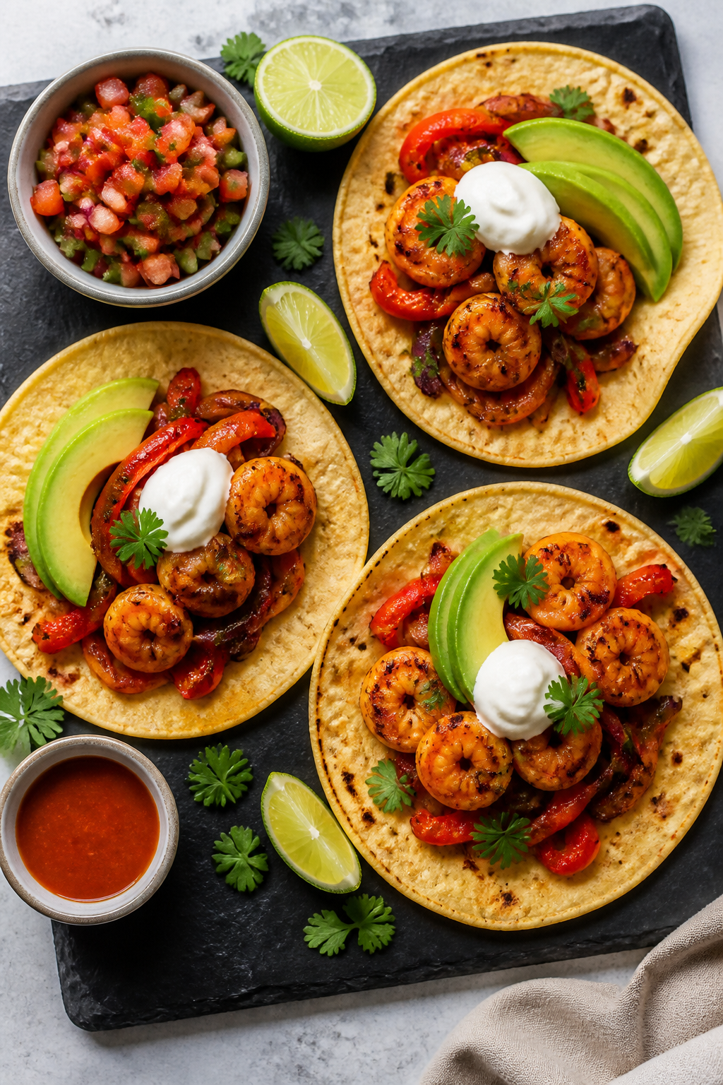 Tasty top view, overhead assembly: Overhead shot of warm corn and flour tortillas laid out on a slat