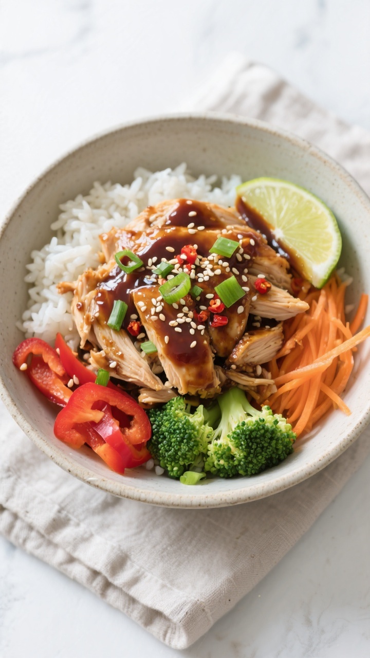 Tasty top view, overhead bowl assembly: Overhead shot of a teriyaki chicken bowl with fluffy jasmine