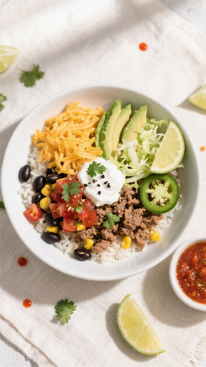 Tasty top view, overhead bowl: Overhead shot of a completed Ground Turkey Taco Bowl arranged in a wi
