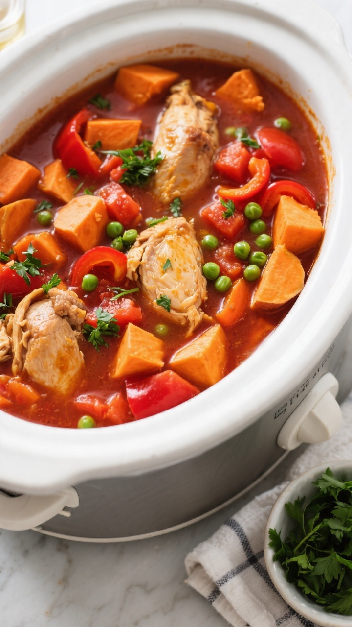 Tasty top view, overhead: Crockpot Chicken & Sweet Potato Stew just finished and brightened with a s