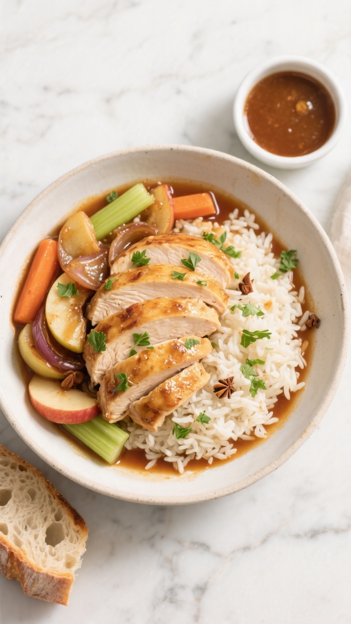 Tasty top view (overhead): Hearty bowl of Apple Cider Chicken with rice, showing sliced, juicy chick