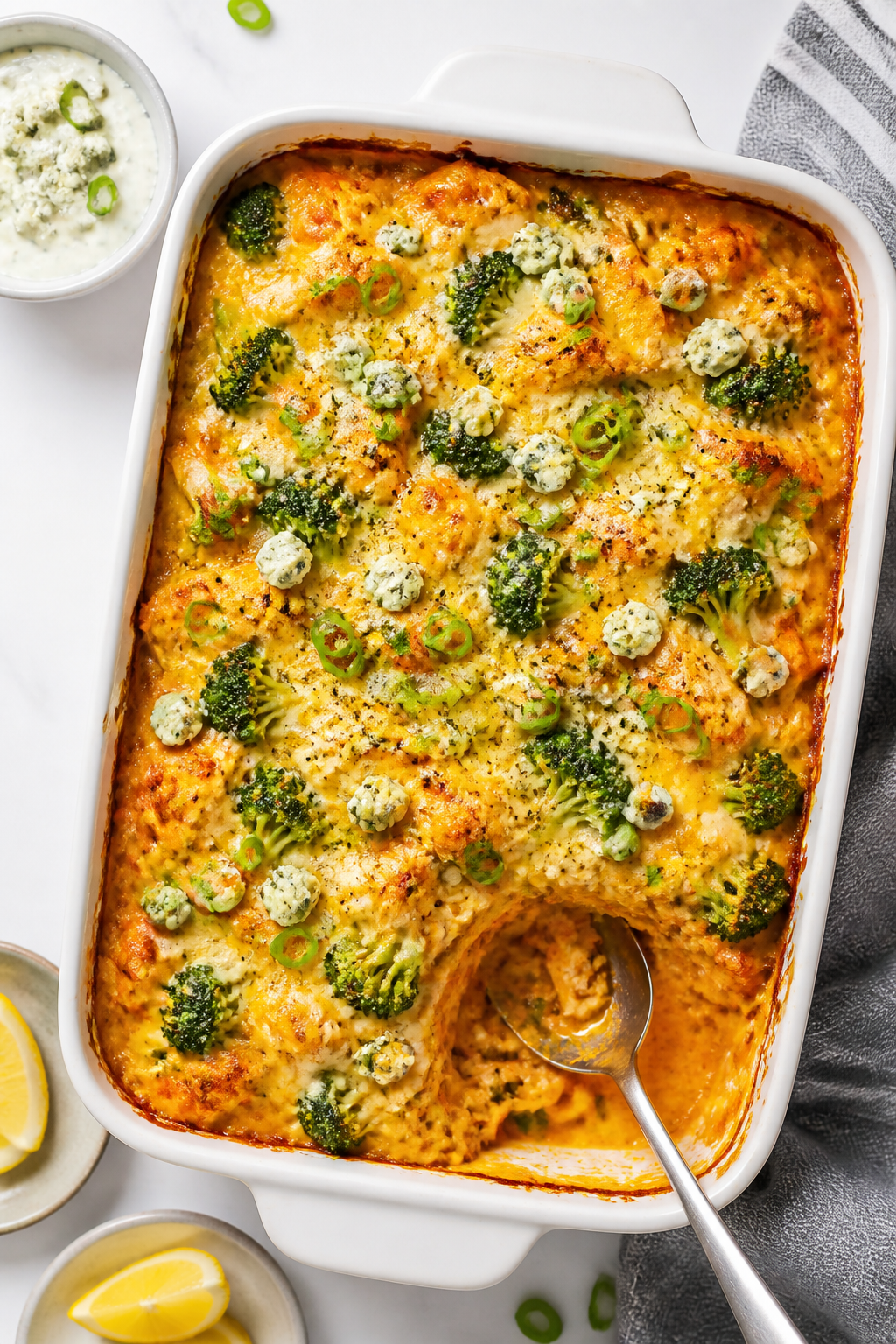 Tasty top view, overhead: Just-baked Buffalo Chicken Broccoli Bake in the casserole pan, cheese laye