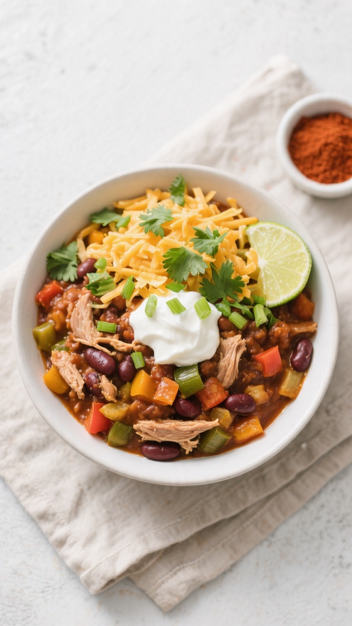 Tasty top view, overhead: Overhead shot of a heaping bowl of Slow Cooker Veggie Loaded Turkey Chili,
