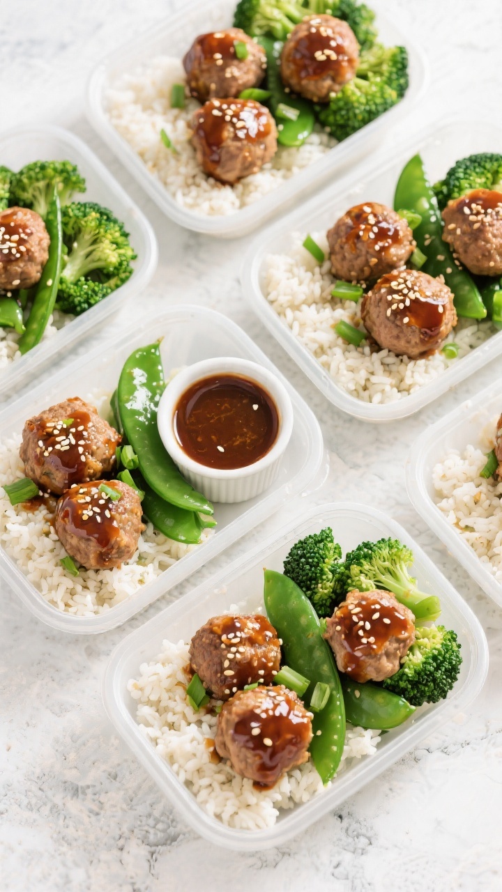 Tasty top view (overhead): Overhead shot of a weeknight meal-prep spread—neatly portioned containe
