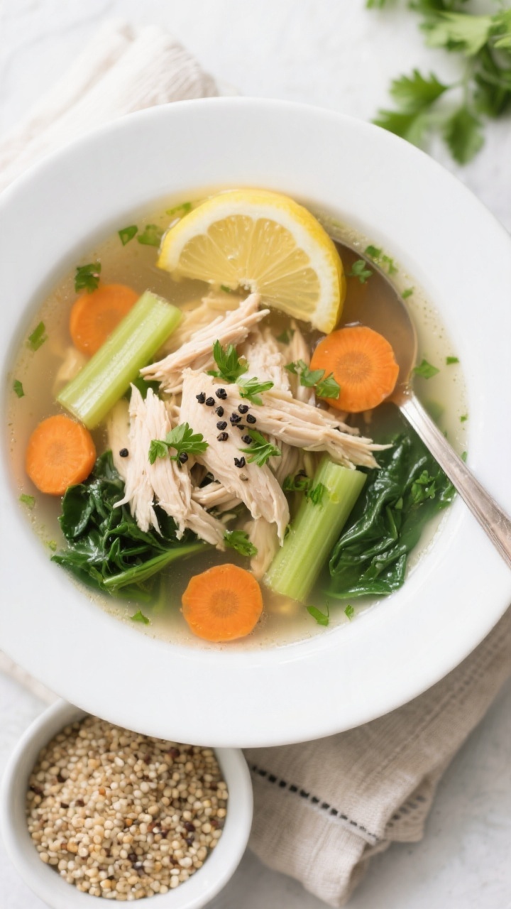 Tasty top view, overhead: Overhead shot of Healthy Crockpot Chicken Soup ladled into a wide white bo