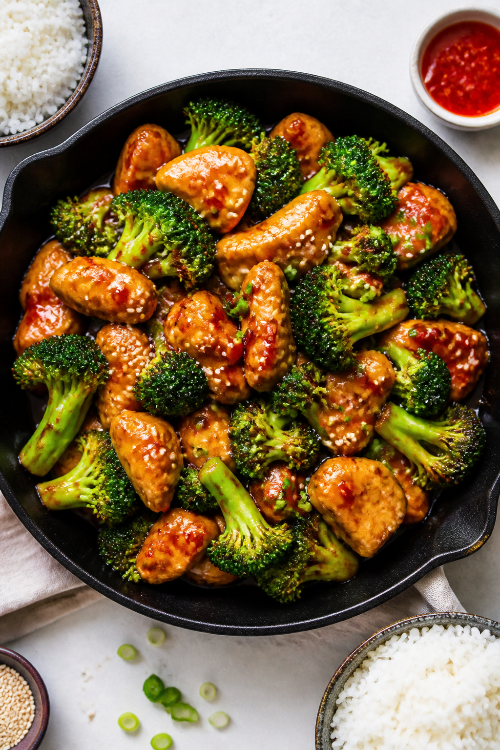 Tasty top view, overhead: Overhead shot of Sweet Chili Chicken & Broccoli served family-style in a s