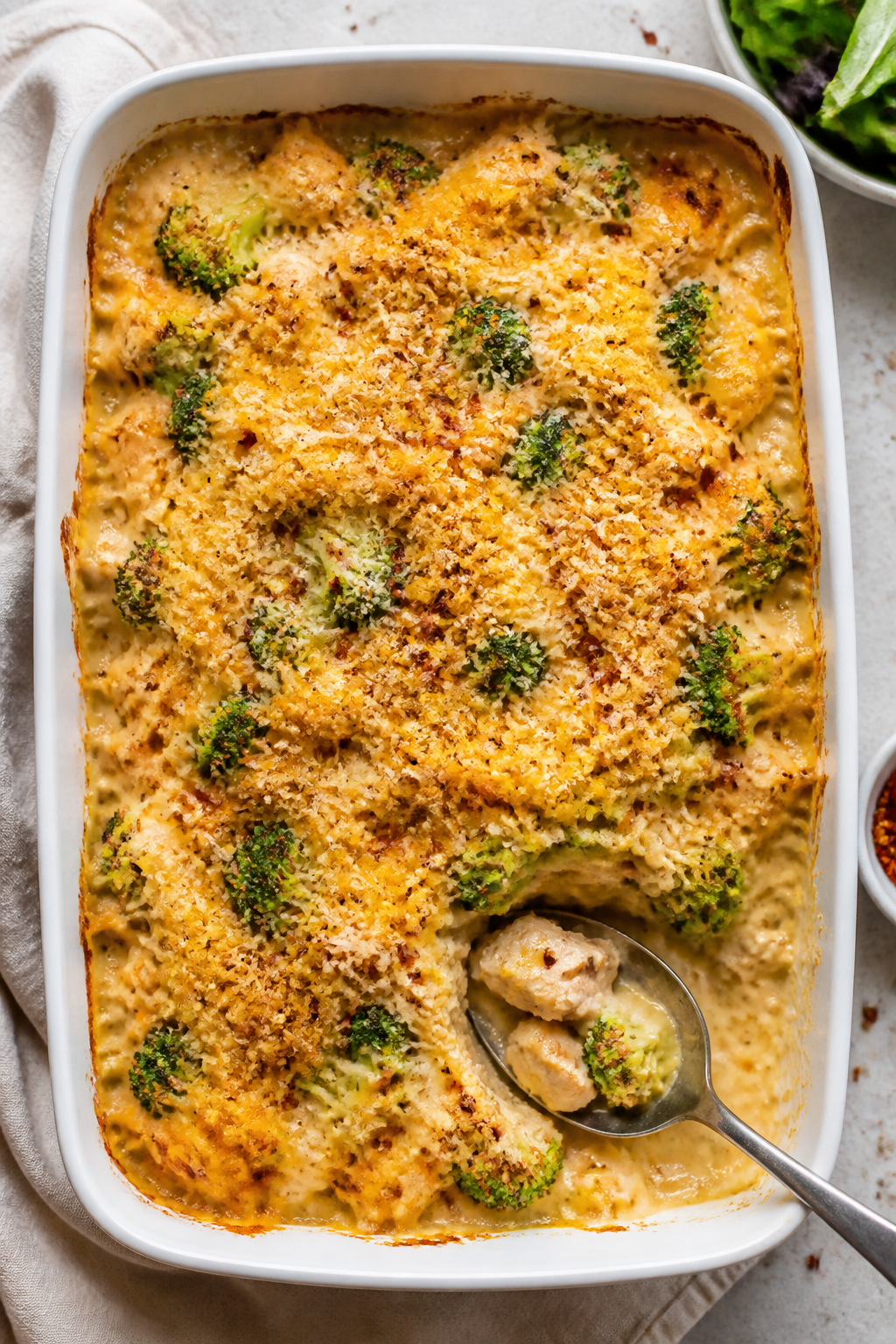 Tasty top view, overhead: Overhead shot of the Creamy Chicken Broccoli Bake in a 9x13 white baking d