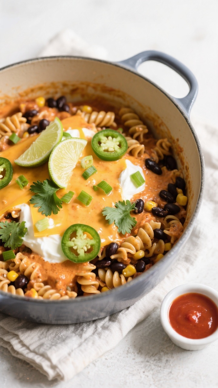 Tasty top view, overhead: Overhead shot of the finished One Pot Healthy Taco Pasta in the pot, cream
