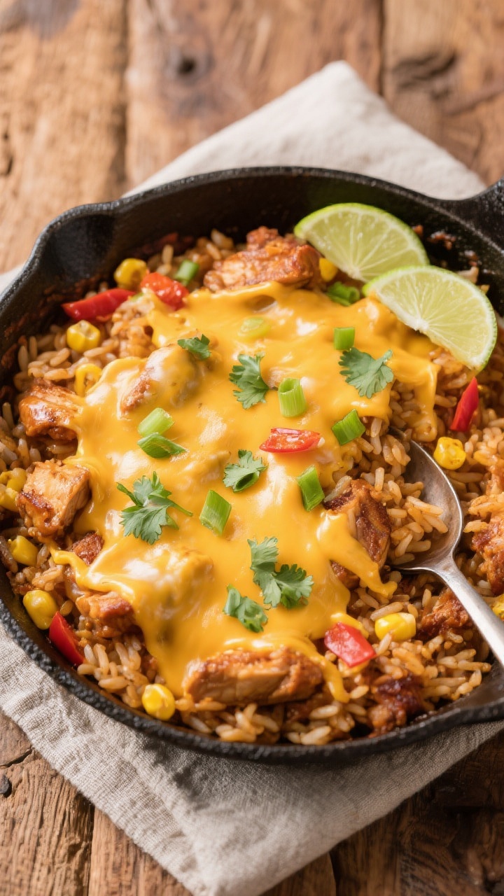 Tasty top view, overhead: Overhead shot of the finished BBQ Chicken & Rice Skillet just after meltin