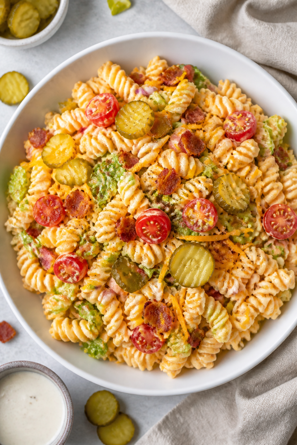 Tasty top view overhead: Ranch Bacon Cheeseburger Pasta Salad in a wide, matte-white serving bowl, o