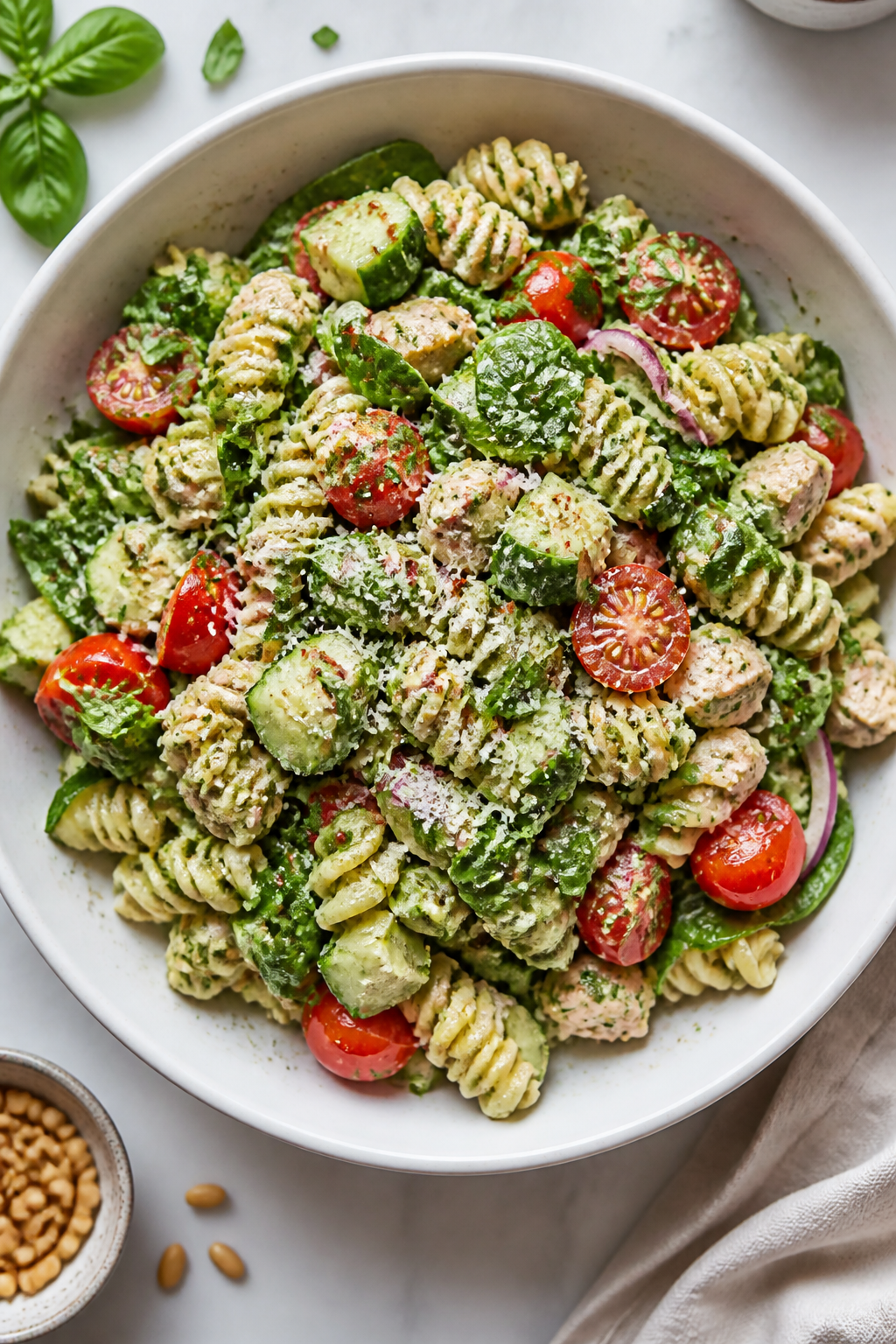 Tasty top view, overhead salad toss: Overhead shot of the creamy pesto pasta salad mid-toss in a wid