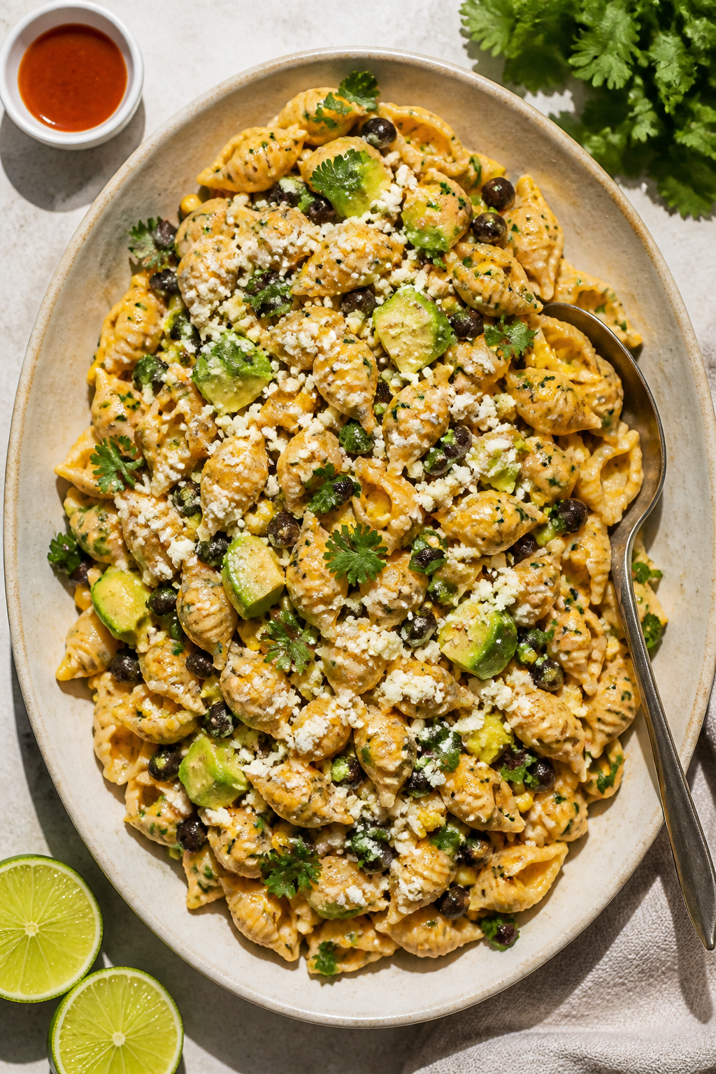 Tasty top view, overhead shot for serving: Overhead shot of the chilled pasta salad in a large matte