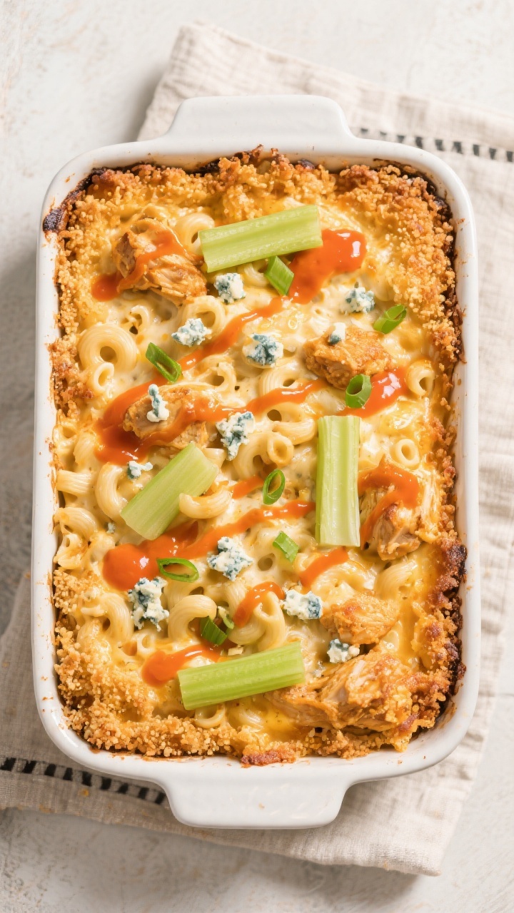 Tasty top view: Overhead shot of a 9x13 baking dish of Buffalo Chicken Mac and Cheese just out of th