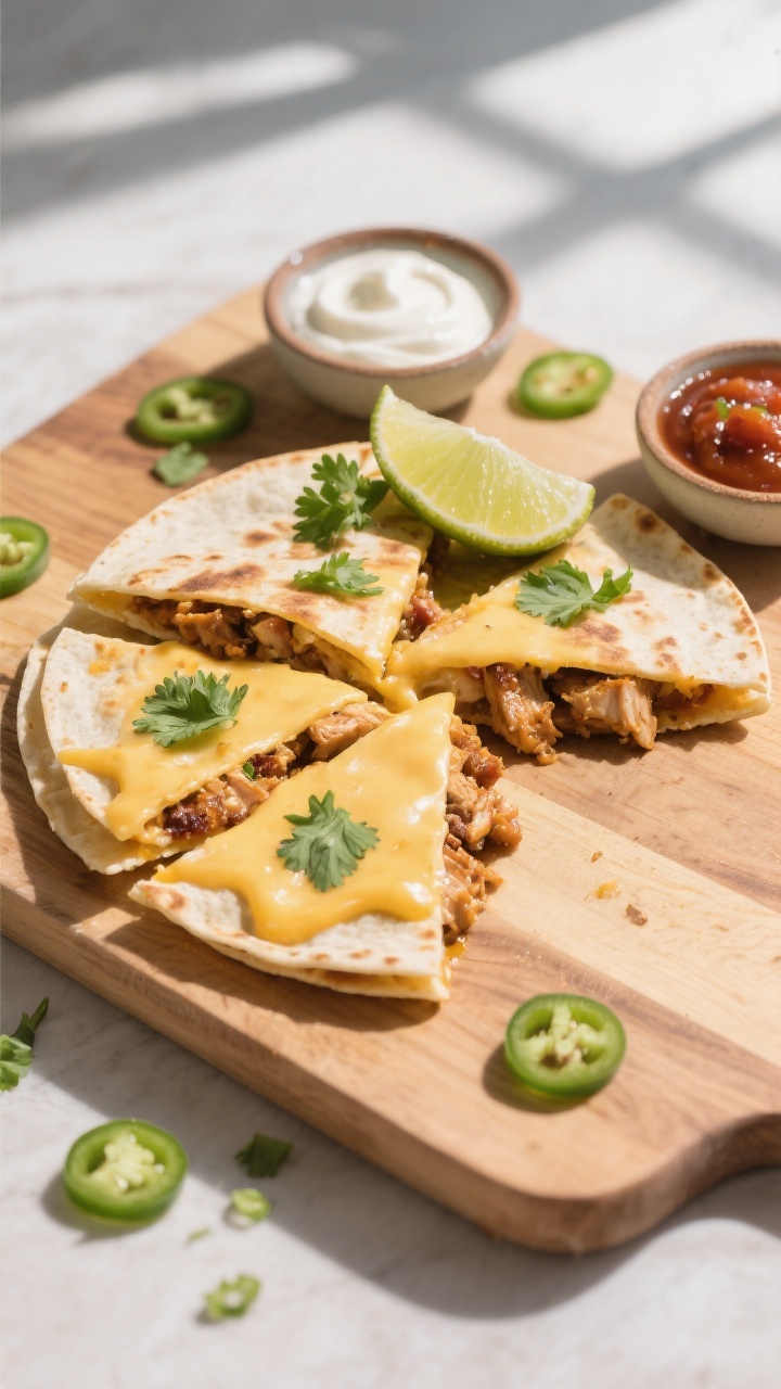 Tasty top view: Overhead shot of a BBQ Chicken Quesadilla sliced into neat wedges on a wooden cuttin