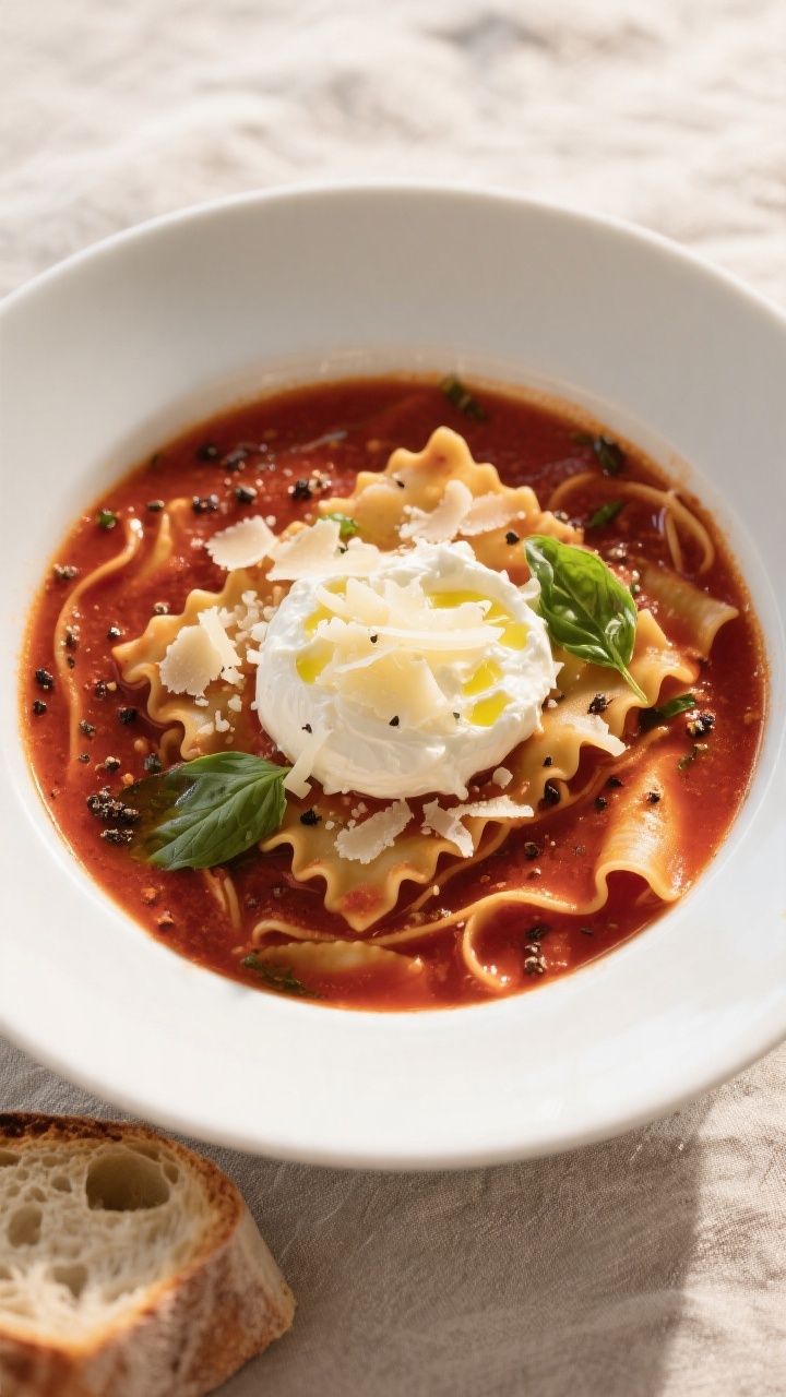 Tasty top view: Overhead shot of a bowl of finished lasagna soup with a generous dollop of whole-mil