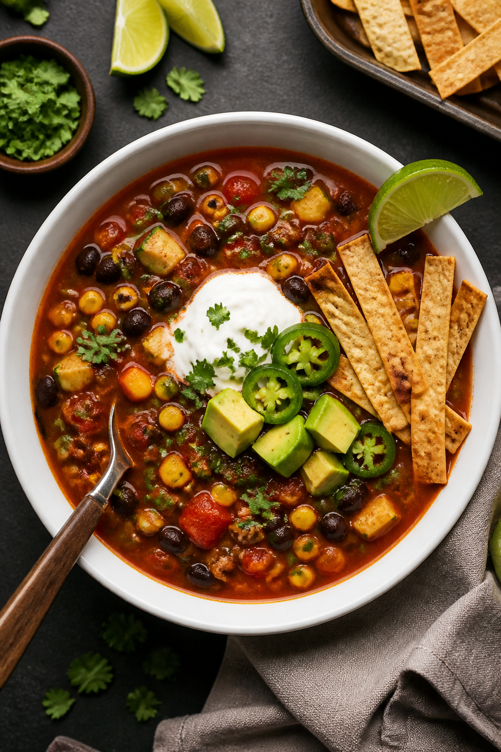 Tasty top view: Overhead shot of a bowl of Healthy Taco Soup, showcasing colorful elements arranged 
