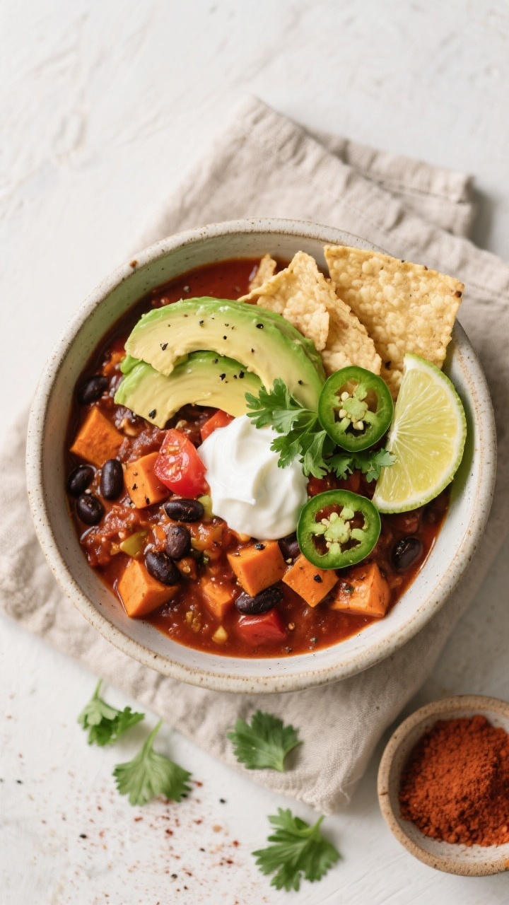 Tasty top view: Overhead shot of a bowl of Slow Cooker Sweet Potato & Black Bean Chili, thick and he