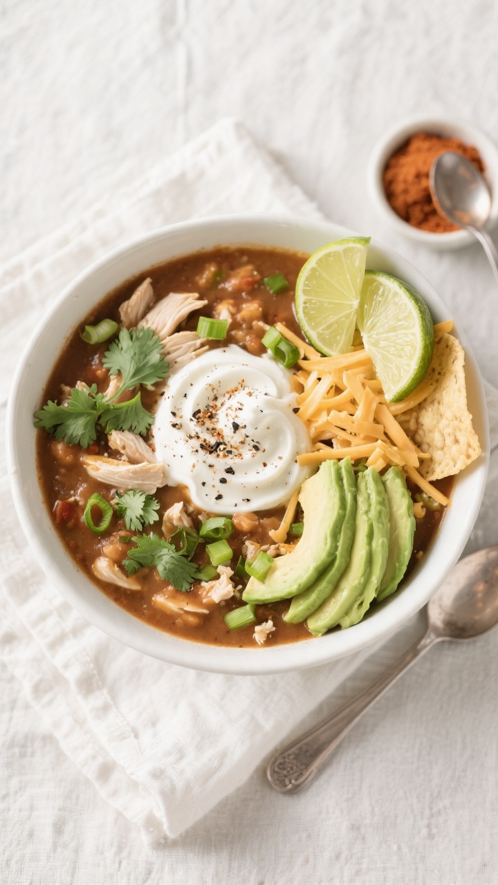 Tasty top view: Overhead shot of a bowl of white chicken chili finished with a swirl of sour cream, 