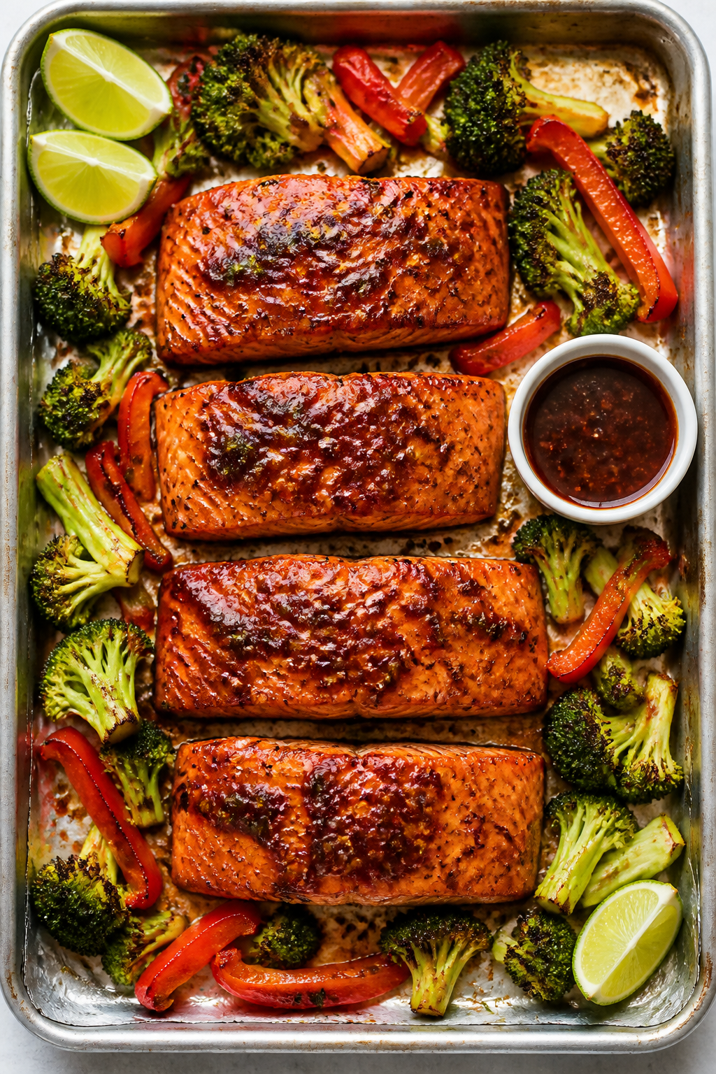 Tasty top view: Overhead shot of a broiled sheet-pan meal version—four salmon fillets with caramel