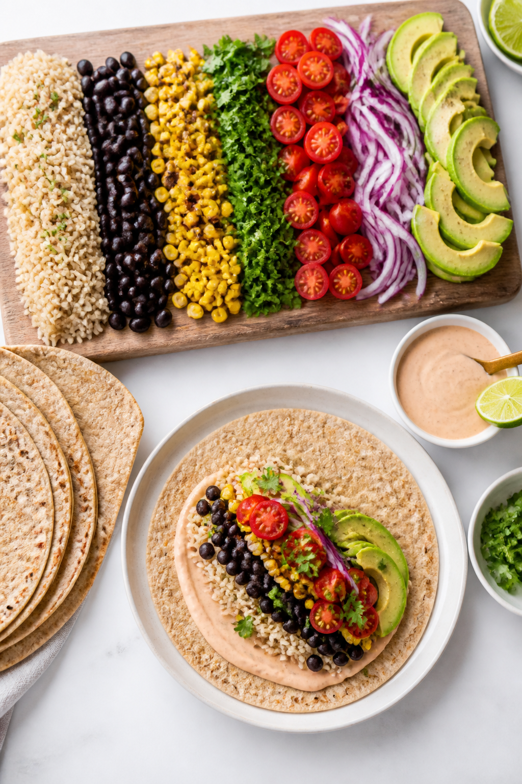 Tasty top view — Overhead shot of a build-your-own burrito spread: warm whole-wheat tortillas, a n