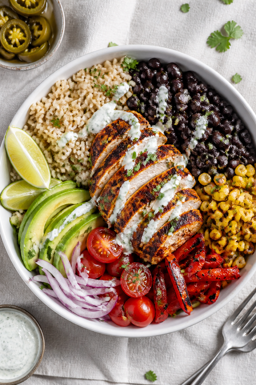 Tasty top view: Overhead shot of a colorful Southwest Chicken Bowl neatly arranged—warm brown rice