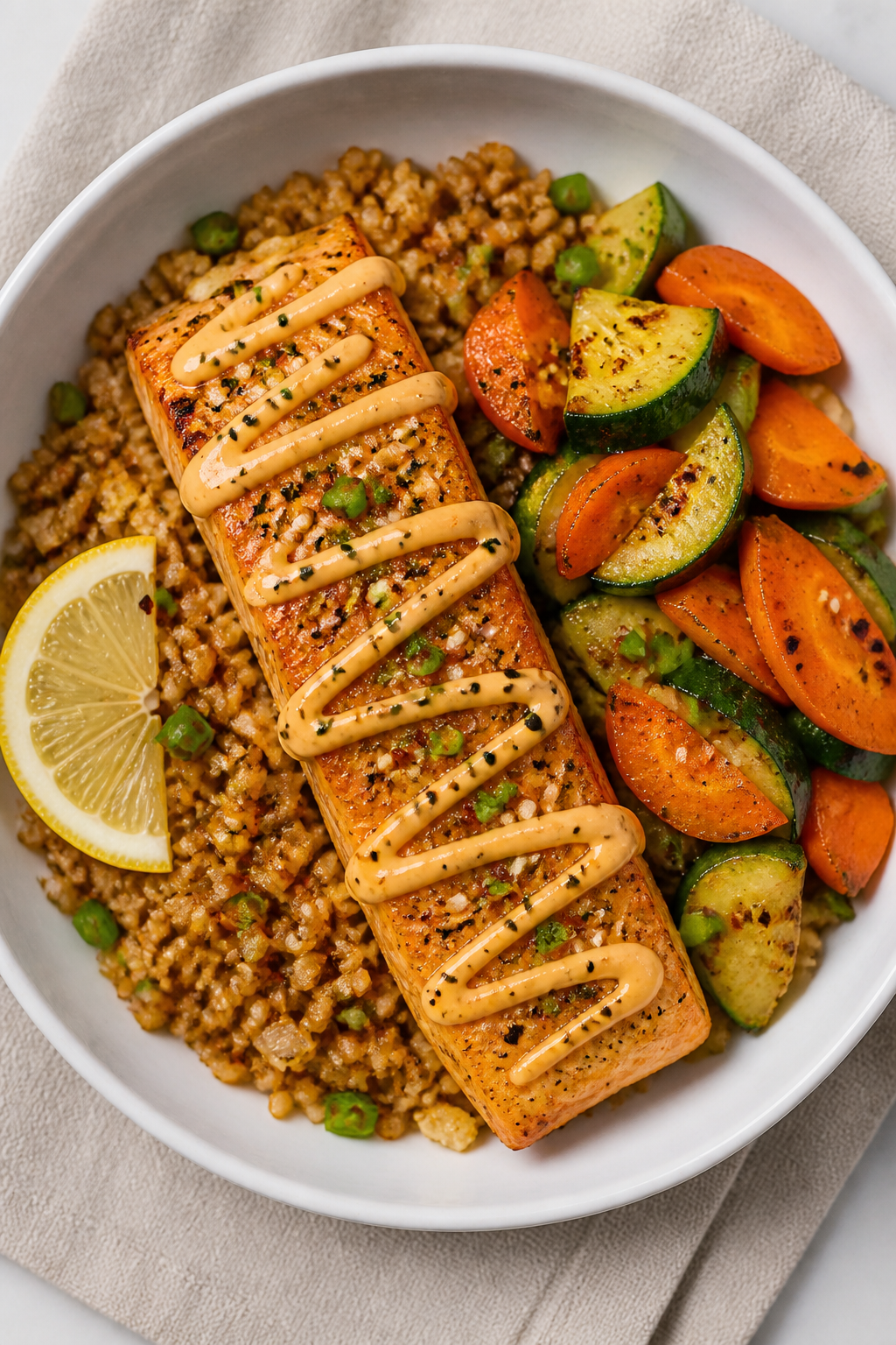 Tasty top view: Overhead shot of a complete hibachi salmon bowl—seared salmon fillet over fried ri