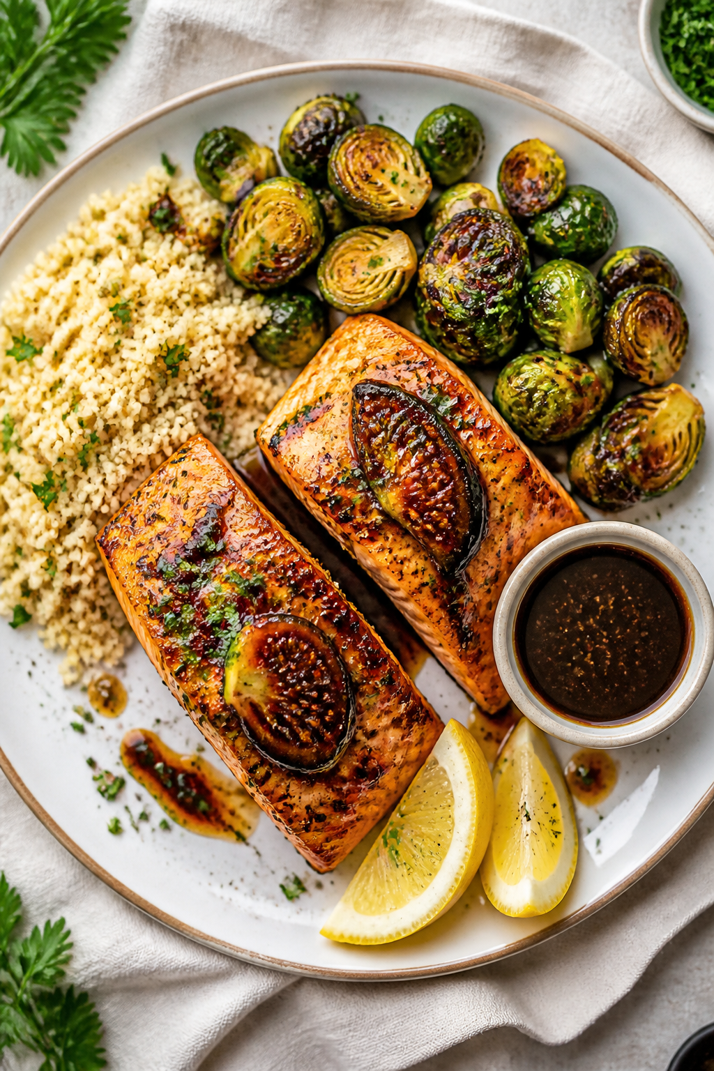 Tasty top view: Overhead shot of a complete plate—two fig balsamic salmon fillets plated with roas