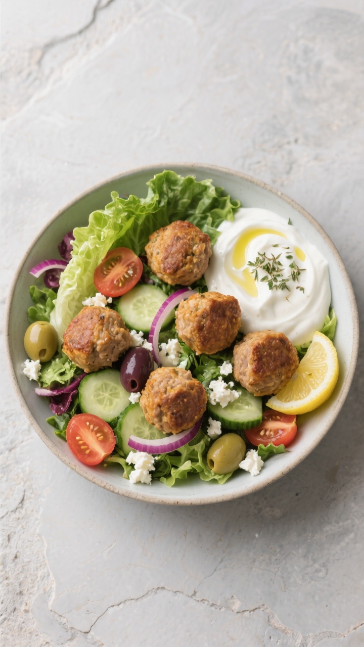 Tasty top view: Overhead shot of a composed bowl—romaine and mixed greens topped with sliced cucum