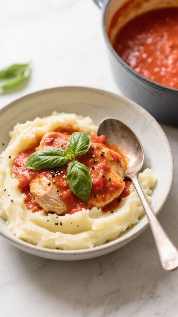 Tasty top view: Overhead shot of a cozy bowl of the creamy tomato-basil chicken spooned over buttery