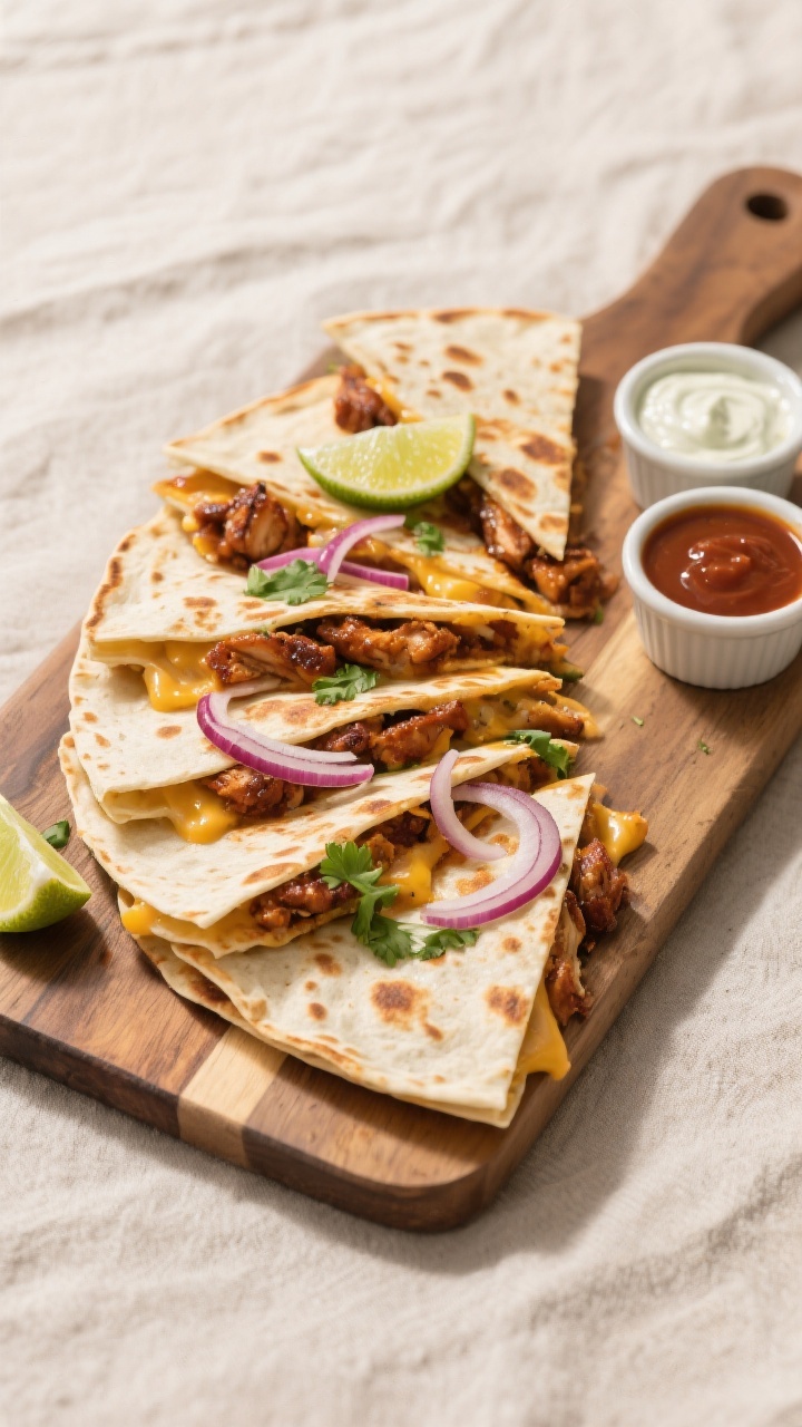 Tasty top view: Overhead shot of a cutting board with freshly sliced BBQ chicken quesadilla wedges a